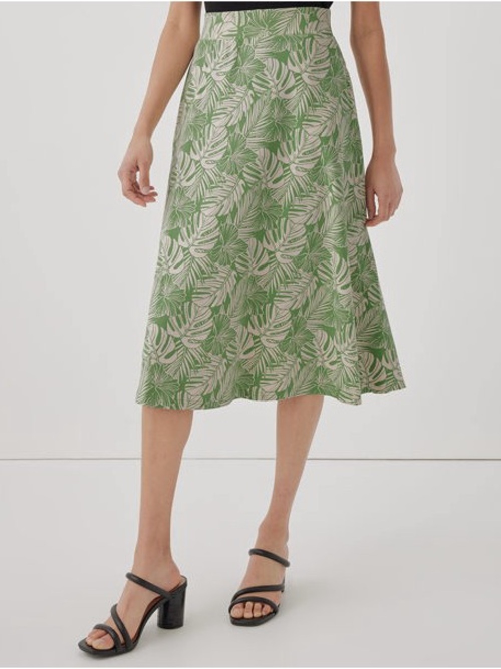 Pact Women's Fit & Flare Midi Skirt small green tropical leaves organic cotton